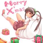  bakemonogatari bandaid black_hair blush hachikuji_mayoi hairband hasu_(hk_works) kneehighs long_hair looking_at_viewer merry_christmas monogatari_(series) red_eyes sack simple_background sitting smile solo twintails white_background 