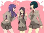  3girls angry black_hair blazer blush dark_precure fighting glasses guratama hand_on_hip hands_on_hips hands_up heartcatch_precure! kurumi_momoka long_hair multiple_girls pink_background precure purple_hair school_uniform short_hair sweatdrop tsukikage_yuri violet_eyes 