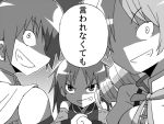  cape child comic constricted_pupils cracking_knuckles crazy_eyes crazy_smile detached_sleeves drill_hair fang gogiga_gagagigo gradient gradient_background mahou_shoujo_madoka_magica miki_sayaka monochrome multiple_girls sakura_kyouko shaded_face short_hair tomoe_mami translated young 