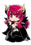  armor armored_dress blush breasts bridal_gauntlets cape center_opening chibi cleavage demon_girl horns ishida_akira large_breasts long_hair maou_(maoyuu) maoyuu_maou_yuusha red_eyes red_hair redhead smile solo 