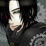  ame-ame black_hair gears gloves green_eyes grey_background heterochromia male red_eyes solo tales_of_(series) tales_of_xillia tales_of_xillia_2 victor_(tales_of_xillia_2) 