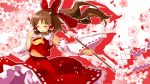  1girl bare_shoulders blush bow brown_hair closed_eyes detached_sleeves flower gohei hair_bow hair_tubes hakurei_reimu midriff navel petals ponytail sarashi smile solo touhou yunagram_(myage) 