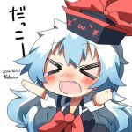  &gt;_&lt; :3 blue_hair blush closed_eyes dated eyes_closed fang hat kamishirasawa_keine long_hair lowres open_mouth rebecca_(keinelove) signature smile solo touhou 