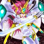  full_moon green_eyes highres katana long_hair mecha moon open_mouth pink_hair puspus solo super_robot_wars super_robot_wars_the_lord_of_elemental sword valsione_r weapon 