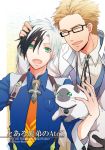  2boys ayakita_(def) black_hair blonde_hair brothers cat character_name closed_eyes cover cover_page eyes_closed glasses green_eyes hand_on_head julius_will_kresnik ludger_will_kresnik lulu_(tales_of_xillia_2) multicolored_hair multiple_boys necktie open_mouth shirt siblings smile tales_of_(series) tales_of_xillia tales_of_xillia_2 title_drop two-tone_hair white_hair 