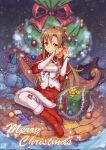  asuna_(sao) blush boots bow braid brown_eyes brown_hair capelet christmas christmas_stocking christmas_tree detached_sleeves fur_trim gift juu. long_hair merry_christmas santa_costume sitting skirt sleigh smile snow snowing snowman solo star sword_art_online thigh-highs thighhighs white_legwear yokozuwari 