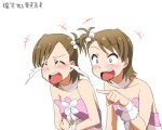  ^_^ blush brown_eyes brown_hair closed_eyes crying cute_&amp;_girly_(idolmaster) futami_ami futami_mami hair_bobbles hair_ornament idolmaster laughing open_mouth pointing side_ponytail translation_request 