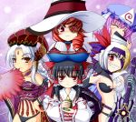  ^_^ anger_vein ascot baba_yaga_(lord_of_vermilion) black_hair bow breast_rest breasts cleavage closed_eyes crossover cup detached_sleeves eyepatch eyes_closed fan flat_gaze folding_fan great_harlot grin hair_bow hair_tubes hakurei_reimu hat jeanne_d'arc_(lord_of_vermilion) large_breasts long_hair lord_of_vermilion matabii multiple_girls red_eyes red_hair redhead saigyouji_yuyuko short_hair silver_hair skirt slit_pupils smile teacup touhou triangular_headpiece yellow_eyes 