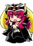  armor armored_dress blonde_hair blush breasts bridal_gauntlets cape center_opening chibi cleavage cosplay demon_girl hat horns ishida_akira large_breasts long_hair maou_(maoyuu) maoyuu maoyuu_maou_yuusha mawaru_penguindrum open_mouth princess_of_the_crystal princess_of_the_crystal_(cosplay) red_eyes red_hair redhead solo twintails 