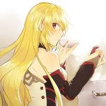  blonde_hair lowres maruishi milla_(tales_of_xillia_2) milla_maxwell red_eyes saucer solo tales_of_(series) tales_of_xillia tales_of_xillia_2 tasting 
