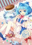  alternate_costume blue_eyes blue_hair bow candy cerasus_(wjf86055750) cirno enmaided hair_bow ice ice_wings looking_at_viewer maid open_mouth short_hair solo thigh-highs thighhighs touhou white_legwear wings 