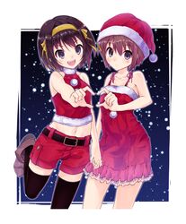  :d belt black_legwear brown_eyes brown_hair dress hand_holding hat heart heart_hands heart_hands_duo holding_hands midriff multiple_girls nagato_yuki nanabuluku navel open_mouth santa_costume santa_hat short_hair shorts smile suzumiya_haruhi suzumiya_haruhi_no_yuuutsu thigh-highs thighhighs 