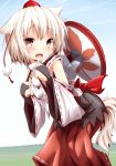  animal_ears bare_shoulders blush bridal_gauntlets hat inubashiri_momiji inyucchi leaning_forward looking_at_viewer machinery open_mouth red_eyes sarashi shield short_hair silver_hair solo tail tokin_hat touhou wide_sleeves wolf_ears wolf_tail 