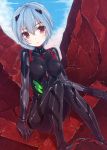 ayanami_rei blue_hair blush bodysuit breasts cloud clouds evangelion:_3.0_you_can_(not)_redo expressionless hair_ornament knees_together_feet_together looking_at_viewer neon_genesis_evangelion plugsuit rebuild_of_evangelion red_eyes rubble ruins shiny shiny_clothes shiva_(executor) short_hair sitting sky solo 