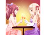  :d blonde_hair blush closed_eyes cup dress formal game_cg gloves hair_ribbon long_hair matsubara_yuuna multiple_girls oda_nanami open_mouth peko pink_dress pink_gloves profile purple_dress red_hair redhead ribbon smile sono_hanabira_ni_kuchizuke_wo sparkle table toast_(gesture) twintails white_gloves wine_glass 