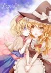  ai_(creamcaramel) alice_margatroid apron blonde_hair blue_eyes blush bow braid capelet dress hair_bow hairband hat kirisame_marisa long_hair multiple_girls open_mouth ribbon sash short_hair sitting skirt smile touhou witch_hat yellow_eyes yuri 