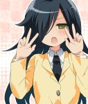  black_hair blazer blush double_v green_eyes hair_over_one_eye ika kuroki_tomoko long_hair necktie school_uniform solo v watashi_ga_motenai_no_wa_dou_kangaetemo_omaera_ga_warui! 