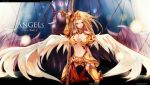  angel armor beancurd blonde_hair breasts broken_armor cleavage highres kayle kneeling league_of_legends long_hair midriff morgana multiple_girls navel pointy_ears purple_hair red_eyes sword torn_clothes weapon wings 