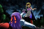  blood braid dress ellen_(majo_no_ie) majo_no_ie mukaling on_ground purple_hair rain reaching spoilers viola_(majo_no_ie) 