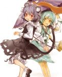  animal_ears basket blue_eyes blue_hair capelet dowsing_rod grey_hair heterochromia jewelry karakasa_obake long_sleeves mouse mouse_ears mouse_tail multiple_girls nazrin nonoplus open_mouth red_eyes ribbon short_hair simple_background skirt smile tail tatara_kogasa tongue touhou umbrella white_background 