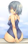  ass blue_hair blush from_behind green_eyes huge_ass looking_back mikage_sekizai one-piece_swimsuit original pool short_hair sitting solo swimsuit 