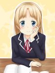  alternate_hairstyle blonde_hair blue_eyes chuunibyou_demo_koi_ga_shitai! dekomori_sanae desk hair_down long_hair mino_(shoya00) notebook pencil school_uniform smile solo 