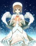  angel_wings blush brown_eyes brown_hair dress feathers hagiwara_yukiho hat heart idolmaster looking_at_viewer minazuki_randoseru short_hair smile snow snowflakes solo wings 