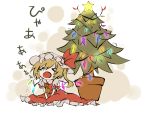  &gt;_&lt; ascot christmas_tree commentary decorations fang flandre_scarlet flying_teardrops glowing glowing_wings hat hat_ribbon open_mouth puffy_sleeves ribbon shinnjugokko shirt short_sleeves side_ponytail sitting skirt skirt_set solo touhou v_arms vest wings 