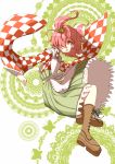  1girl apron bell boots checkered clothes_writing cross-laced_footwear hair_bell hair_ornament japanese_clothes jingle_bell kimono kuronuko_neero lace-up_boots long_sleeves looking_at_viewer motoori_kosuzu open_mouth pink_hair red_eyes short_hair smile solo touhou twintails wide_sleeves 
