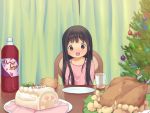  1girl anyannko black_hair blush bottle brown_eyes cake child christmas christmas_tree dinner eyebrows_visible_through_hair female food happy highres long_hair looking_at_viewer open_mouth original plate smile soda solo table turkey_(food) 
