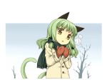  :o animal_ears breath cat_ears cat_tail coat green_hair ikura_hato long_hair mittens open_mouth original outdoors scarf solo tail tree 