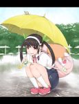  backpack bag bakemonogatari bandaid black_hair fang hachikuji_mayoi highres libre long_hair monogatari_(series) rain red_eyes snail solo twintails umbrella 