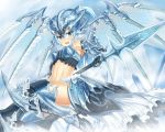  armor blue_eyes blue_hair heirou helmet long_hair midriff navel open_mouth original polearm solo spear weapon wings 
