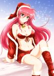  bare_shoulders bell bell_collar blue_eyes blush boots breasts cleavage coat collar diesel-turbo hat long_hair looking_at_viewer lyrical_nanoha mahou_shoujo_lyrical_nanoha pink_hair santa_boots santa_hat signum sitting smile solo sparkle 