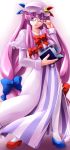  adjusting_glasses blush book bow crescent dress gin_kagami glasses hat hat_bow highres long_hair looking_at_viewer mismatched_footwear open_mouth patchouli_knowledge purple_eyes purple_hair solo touhou violet_eyes 