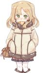  7010 bag blonde_hair blush breath coat green_eyes hands_in_pockets original pantyhose pointy_ears purse scarf simple_background solo white_background white_legwear 