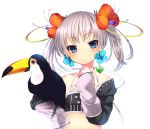  bird blue_eyes blush character_request earrings flower hair_flower hair_ornament jacket jewelry midriff off_shoulder original short_hair silver_hair simple_background skull.03 sleeves_past_wrists solo toucan twintails white_background 