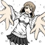  blush breasts brown_eyes brown_hair hagiwara_yukiho idolmaster mistrail open_mouth outstretched_arms outstretched_hand perspective short_hair skirt smile solo sweater 