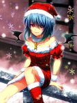  alternate_costume bare_shoulders bat_wings blue_hair collarbone dress fuuna_(conclusion) hat highres jewelry looking_at_viewer multicolored_eyes necklace pink_eyes railing red_dress remilia_scarlet santa_boots santa_costume santa_hat short_hair sitting smile snowing solo touhou wings wrist_cuffs yellow_eyes 