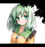  1girl blush breasts clown_222 green_eyes green_hair heart komeiji_koishi letterboxed no_hat no_headwear short_hair simple_background smile solo touhou white_background 