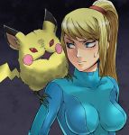  1girl animal_on_shoulder blonde_hair blue_eyes creepy crossover female fusion little_birdy long_hair metroid parody pikachu pokemon pokemon_(creature) ponytail red_eyes ridley samus_aran super_smash_bros. sweatdrop tail teeth turizao zero_suit 