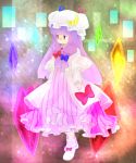  :&lt; bangs blunt_bangs bow capelet crescent crystal expressionless flat_gaze full_body hair_bow hat highres hutaba123 long_hair patchouli_knowledge pink_eyes purple_hair robe solo standing touhou vertical_stripes 