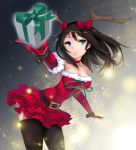  absurdres antlers arched_back bare_shoulders black_legwear blue_eyes bow breasts brown_hair choker christmas cleavage collarbone copyright_request deneb_(noble324) elbow_gloves fur_trim gift gloves hair_bow highres leaning_forward long_hair outstretched_hand red_gloves smile solo thigh-highs thighhighs wrist_cuffs 