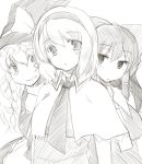  alice_margatroid bare_shoulders braid capelet hair_tubes hairband hakurei_reimu hat kirisame_marisa long_hair monochrome multiple_girls shinobe short_hair single_braid sketch touhou witch_hat 