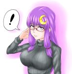  1girl adjusting_glasses anubis_(anubiszoe) breasts crescent glasses huge_breasts impossible_clothes impossible_sweater long_hair patchouli_knowledge payot purple_eyes purple_hair red-framed_glasses ribbed_sweater semi-rimless_glasses solo sweater touhou turtleneck violet_eyes 