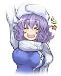  1girl arm_up badge blush breasts bust closed_eyes erect_nipples eyes_closed ginji74 hat large_breasts lavender_hair letty_whiterock open_mouth scarf short_hair simple_background smile solo star touhou white_background 
