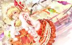  119 1ten adapted_costume ascot blonde_hair bow capelet christmas flandre_scarlet gate hair_ribbon hat highres long_sleeves looking_at_viewer red_eyes ribbon scarlet_devil_mansion shirt skirt snow snowing solo touhou tree wall wings winter 