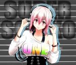  bangle bare_shoulders bracelet breasts clothes_writing corset headphones jewelry large_breasts long_hair nitroplus o-ring_top pink_eyes pink_hair smile solo super_sonico xyz_(kamikazejap) 