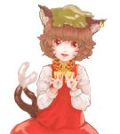  animal_ears brown_hair cat_ears cat_tail chen earrings fangs hat jewelry ma_nyan_(nyao_mao_nyao) nail_polish open_mouth red_eyes short_hair solo tail touhou white_background 