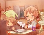  &gt;_&lt; 2boys america_(hetalia) axis_powers_hetalia blonde_hair fairy green_eyes kotatsu multiple_boys night open_mouth room short_hair sleeping smile sweater table united_kingdom_(hetalia) 